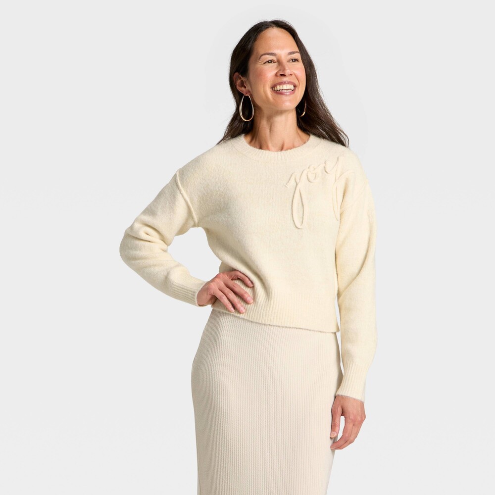 Women's Long Sleeve Holiday Crewneck Pullover Sweater - Universal Thread™ Cream…